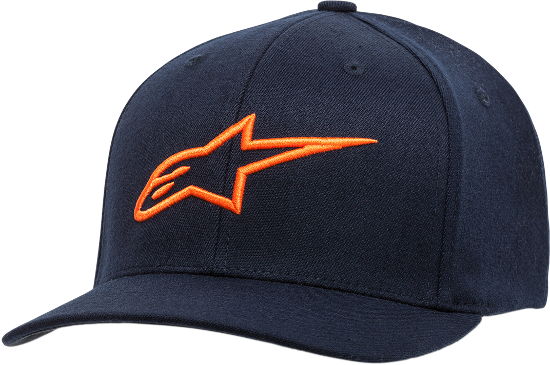 Bill's Exhausts Alpinstars Ageless Curve Hat in navy and orange, small/medium size, featuring a curved brim and stylish design.