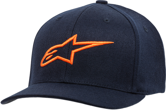 Bill's Exhausts Alpinstars Ageless Curve Navy and Orange hat in large/XL size, featuring a curved brim and stylish design.