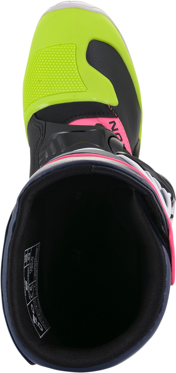 Alpinestars Tech 3S motorcycle boots in black, blue, pink, white, and yellow with ankle protection and durable sole.