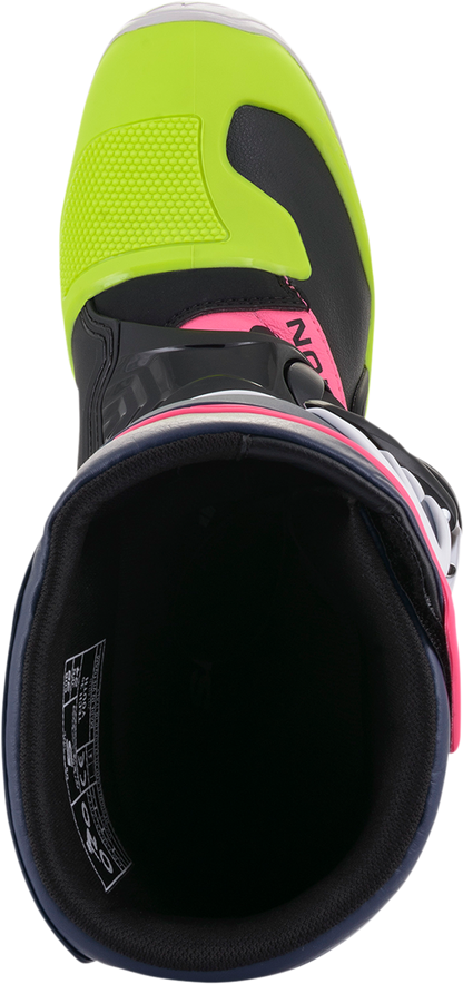 Alpinestars Tech 3S motorcycle boots in black, blue, pink, white, and yellow with ankle protection and durable sole.