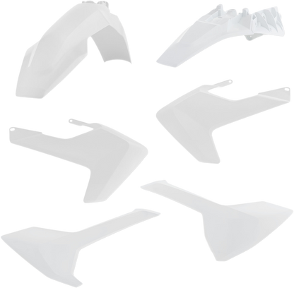 A white Acerbis standard replacement body kit for motorcycles, designed for easy installation and a sleek look.