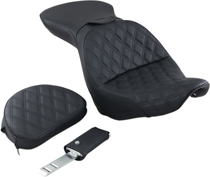 Black Saddlemens Explorer motorcycle seat with backrest and lattice stitching for FXST bikes, featuring a sleek, padded design.
