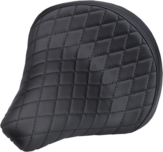 Black BILTWELL Solo 2 seat for motorcycles with diamond pattern, designed for comfort and style, by Bill's Exhausts.