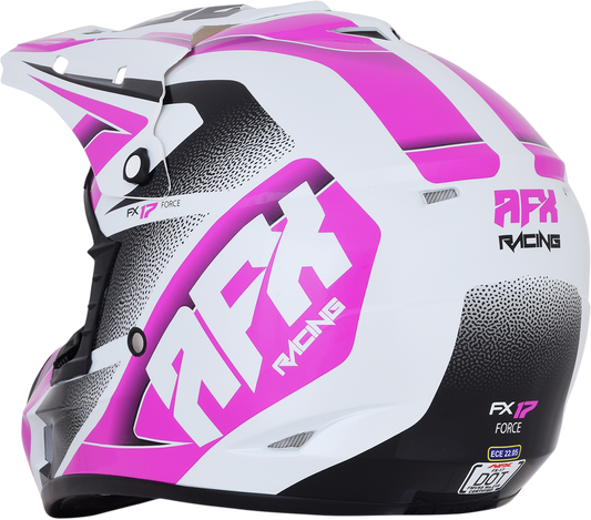 Pearl white and fuchsia AFX FX-17 helmet in XS size, featuring a sleek motorcycle helmet design with clear visor.