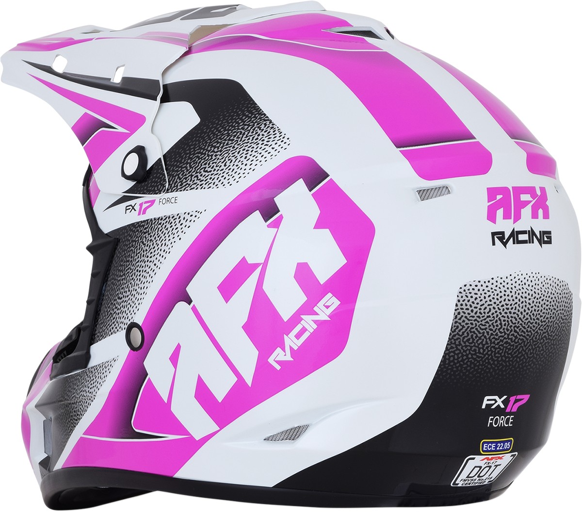 Pearl white and fuchsia AFX FX-17 helmet by Bill's Exhausts, small size, with aerodynamic design and clear visor.