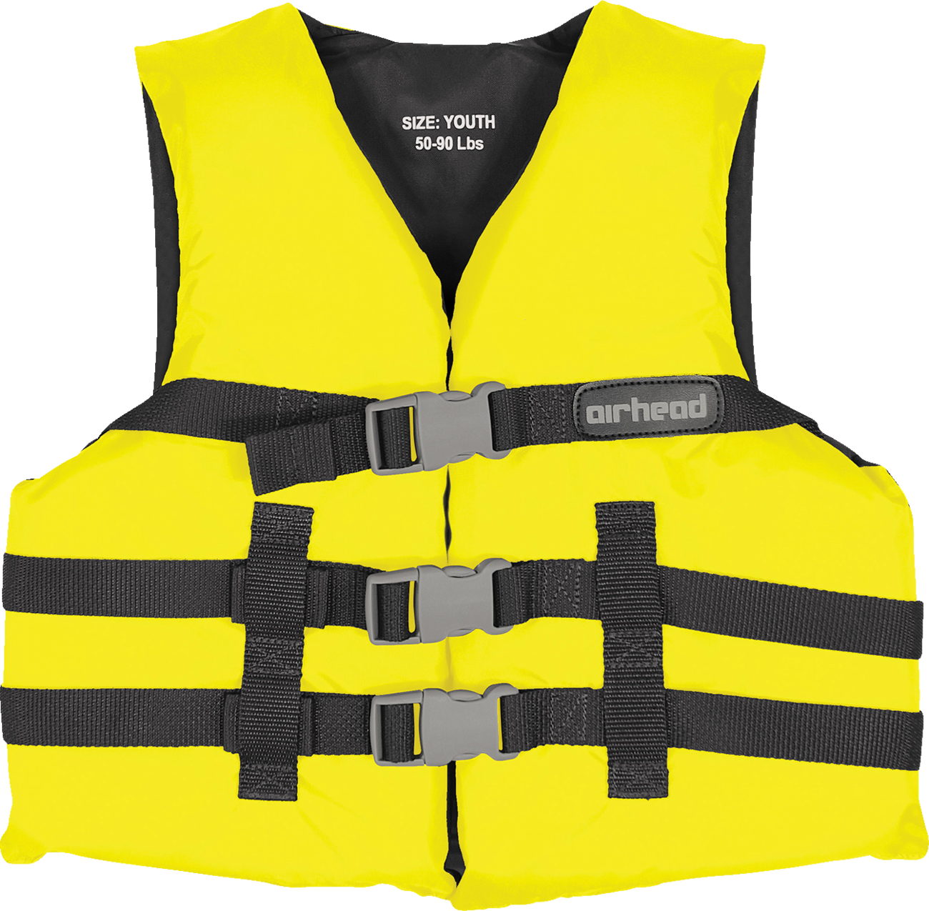 Yellow AIRHEAD SPORTS GROUP youth family water vest with adjustable straps, designed for safety and comfort during water activities.