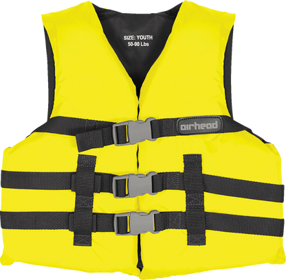 Yellow AIRHEAD SPORTS GROUP youth family water vest with adjustable straps, designed for safety and comfort during water activities.
