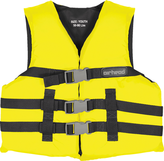 Yellow AIRHEAD SPORTS GROUP youth family water vest with adjustable straps, designed for safety and comfort during water activities.