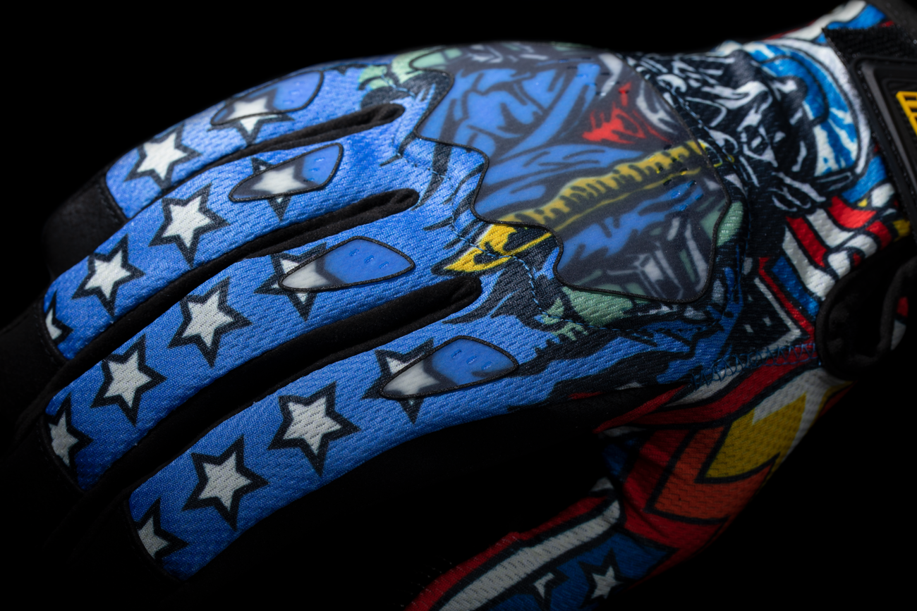 Blue ICON Hooligan CE Flyboy Gloves in XL size, made by Bill's Exhausts, showing the gloves with reinforced palms and adjustable wrist strap.