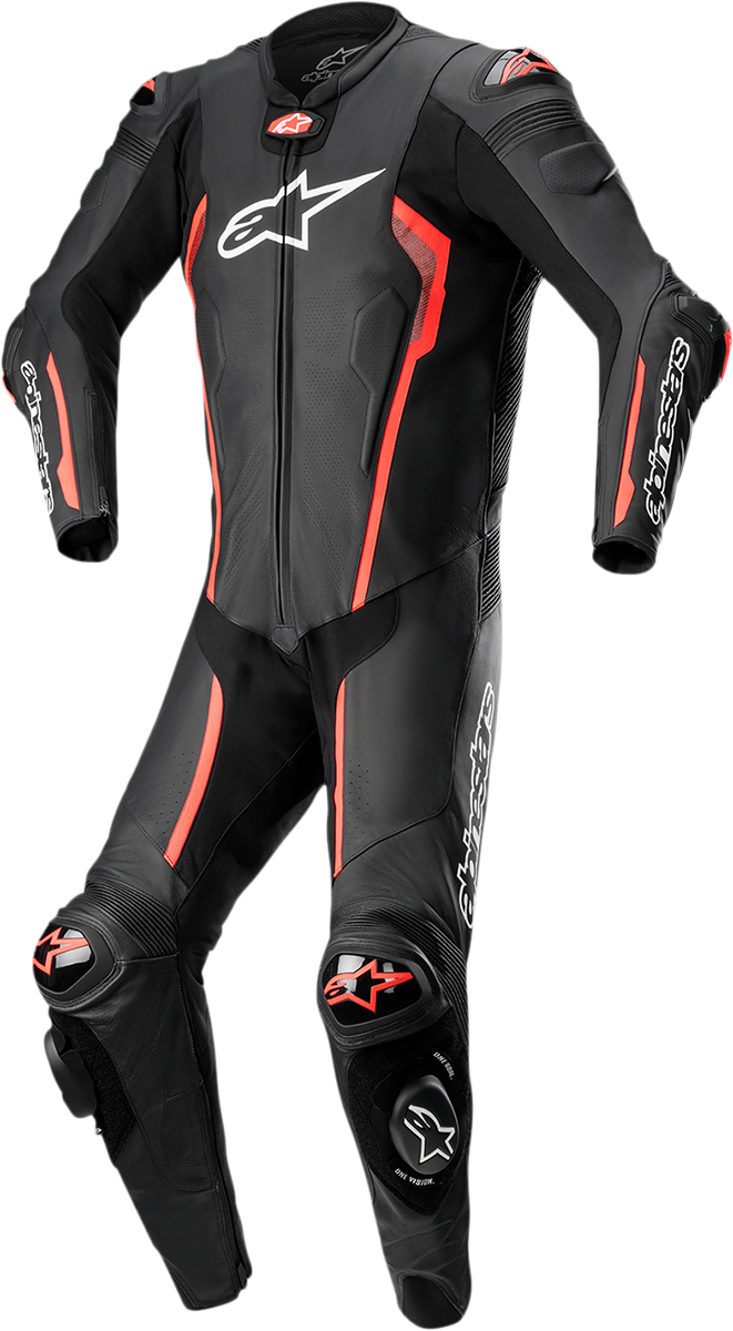 Alpinestars Missile v2 1-piece leather suit in black and red fluorescent, US 48, EU 58, showcased on a plain background.