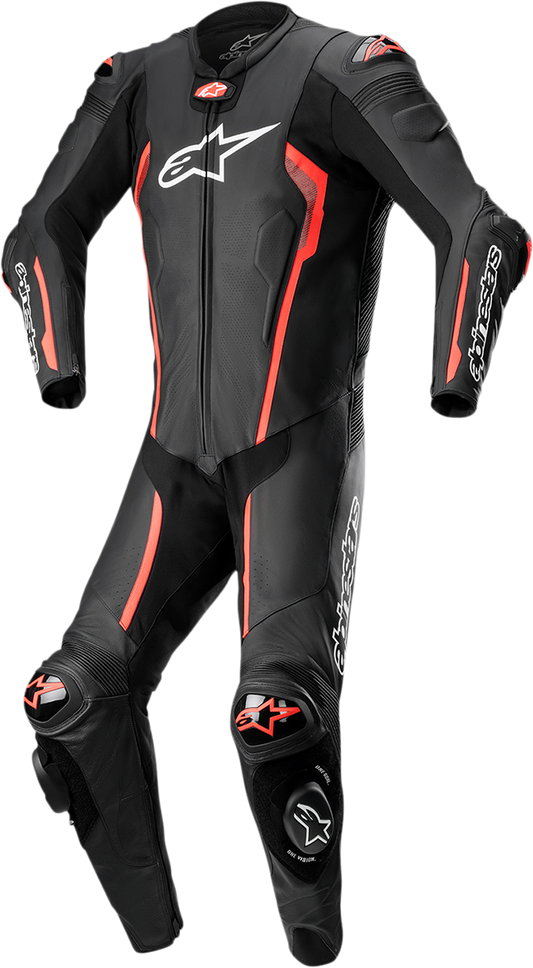 Alpinestars Missile v2 one-piece leather suit in black and red fluorescent, size US 40 / EU 50, displayed on a plain background.
