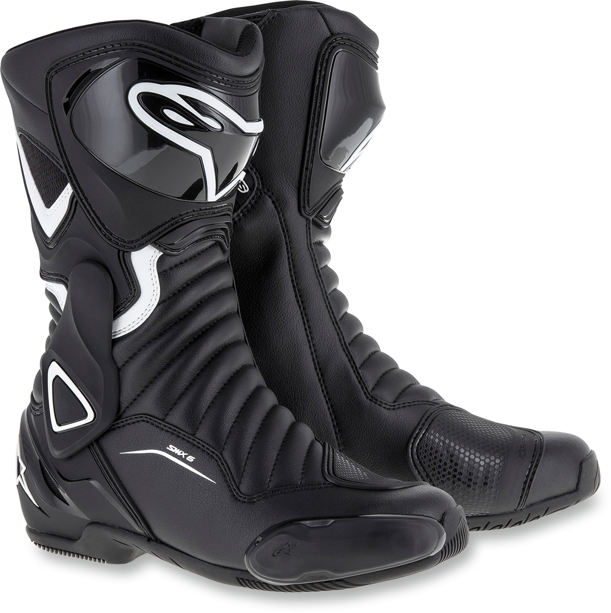 Alpinestars Stella SMX-6 v2 motorcycle boots in black and white, US size 10, showcasing the durable design and sporty style.