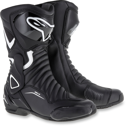 Alpinestars Stella SMX-6 v2 motorcycle boots in black and white, US size 7, EU size 38, showing front view with protective design.