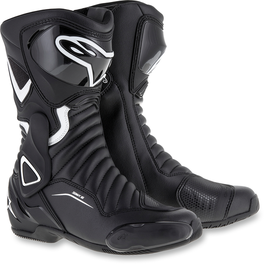 Alpinestars Stella SMX-6 v2 motorcycle boots in black and white, US size 7, EU size 38, showing front view with protective design.
