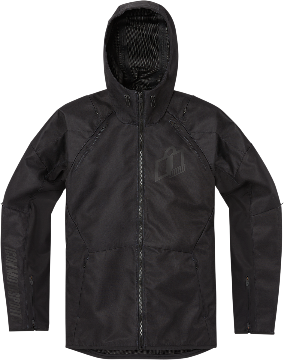 Black ICON Airform jacket in small size, featuring a sleek design and lightweight material, by Bill's Exhausts.