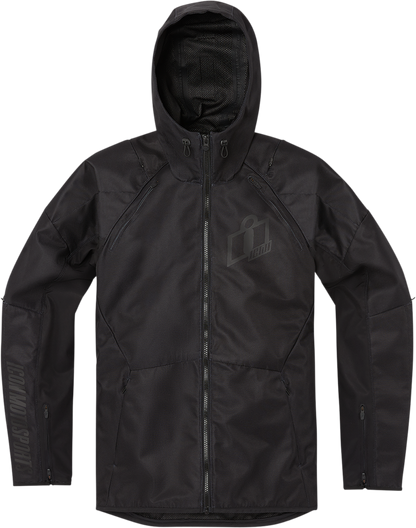 Black ICON Airform jacket in small size, featuring a sleek design and lightweight material, by Bill's Exhausts.