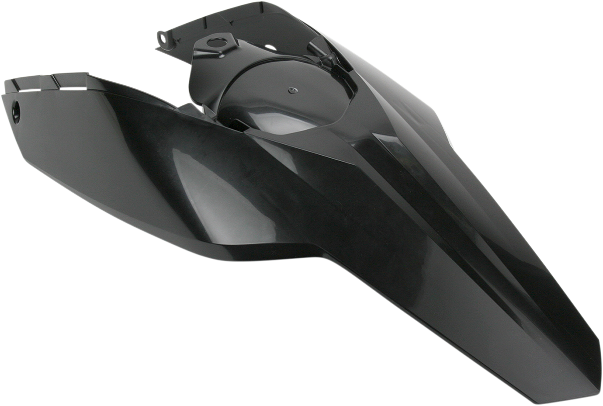A black Acerbis rear fender side cowling for motorcycles, with no tail light tabs, shown from the side view.