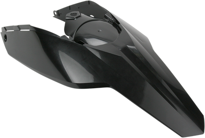 A black Acerbis rear fender side cowling for motorcycles, with no tail light tabs, shown from the side view.