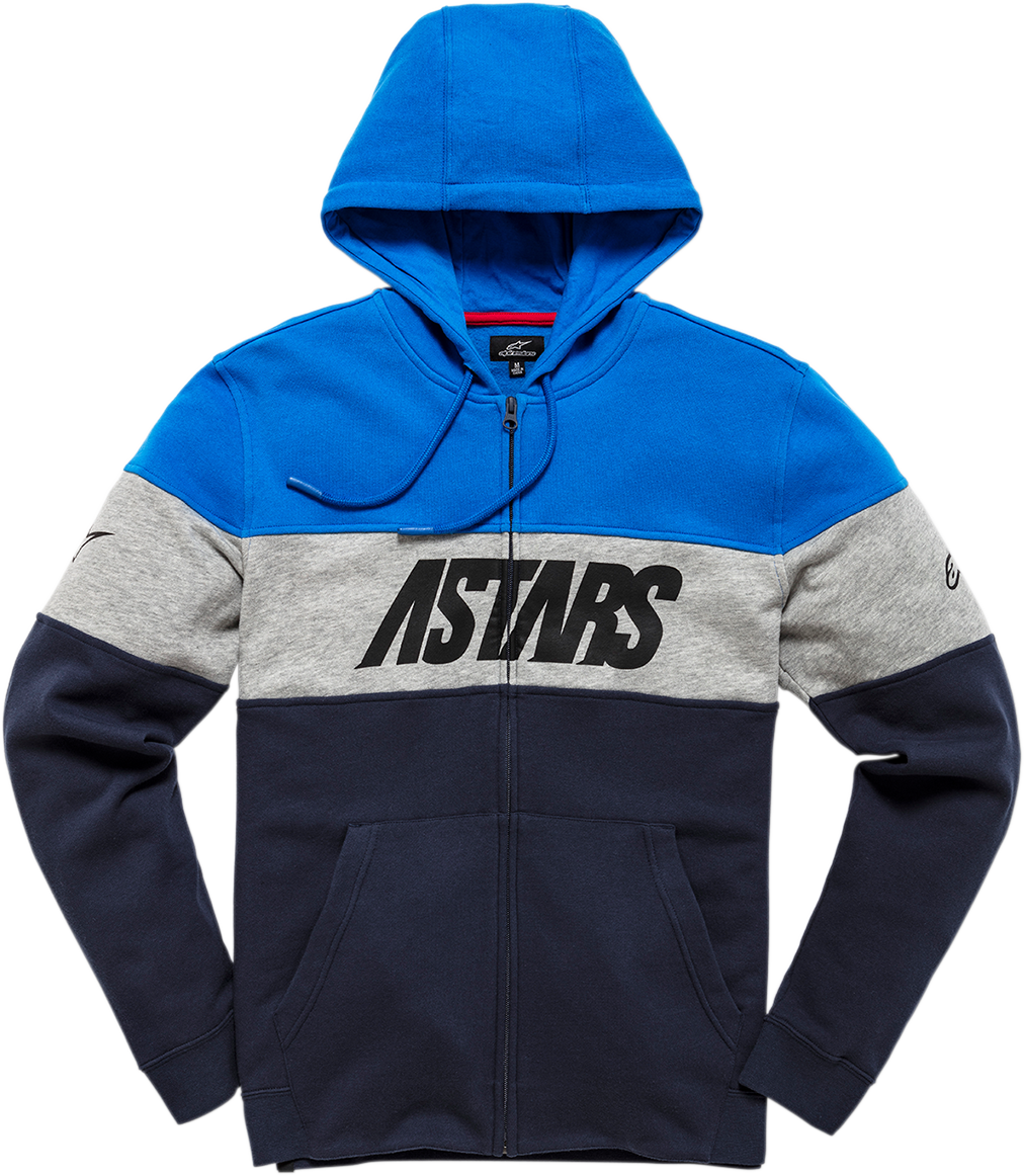 Blue and navy Alpinestars Grupo Zip Hoodie in large size, featuring a front zipper and casual hoodie design.