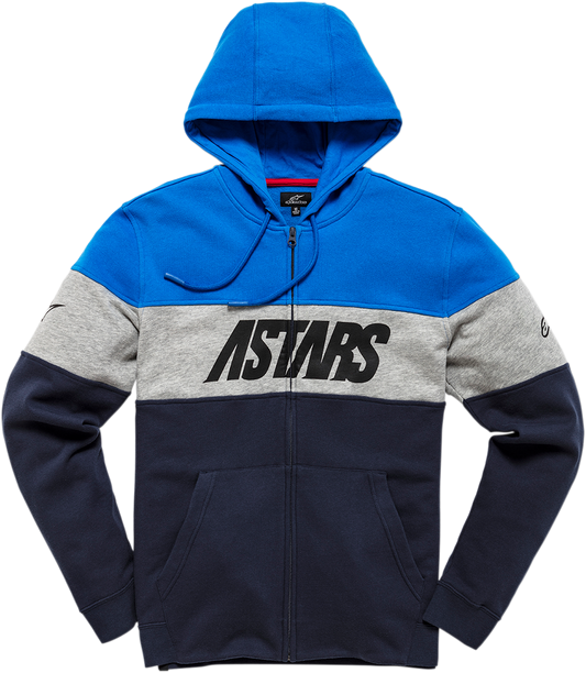 Blue and navy Alpinestars Grupo Zip Hoodie in large size, featuring a front zipper and casual hoodie design.