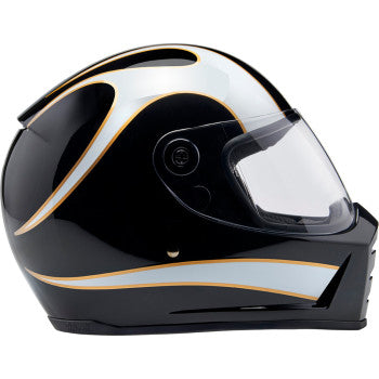 BILTWELL Lane Splitter helmet in gloss black with white flame design, showcasing a close-up of the XS size motorcycle helmet.