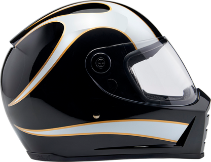 BILTWELL Lane Splitter helmet in gloss black with white flame graphics, small size, featuring a sleek motorcycle helmet design.
