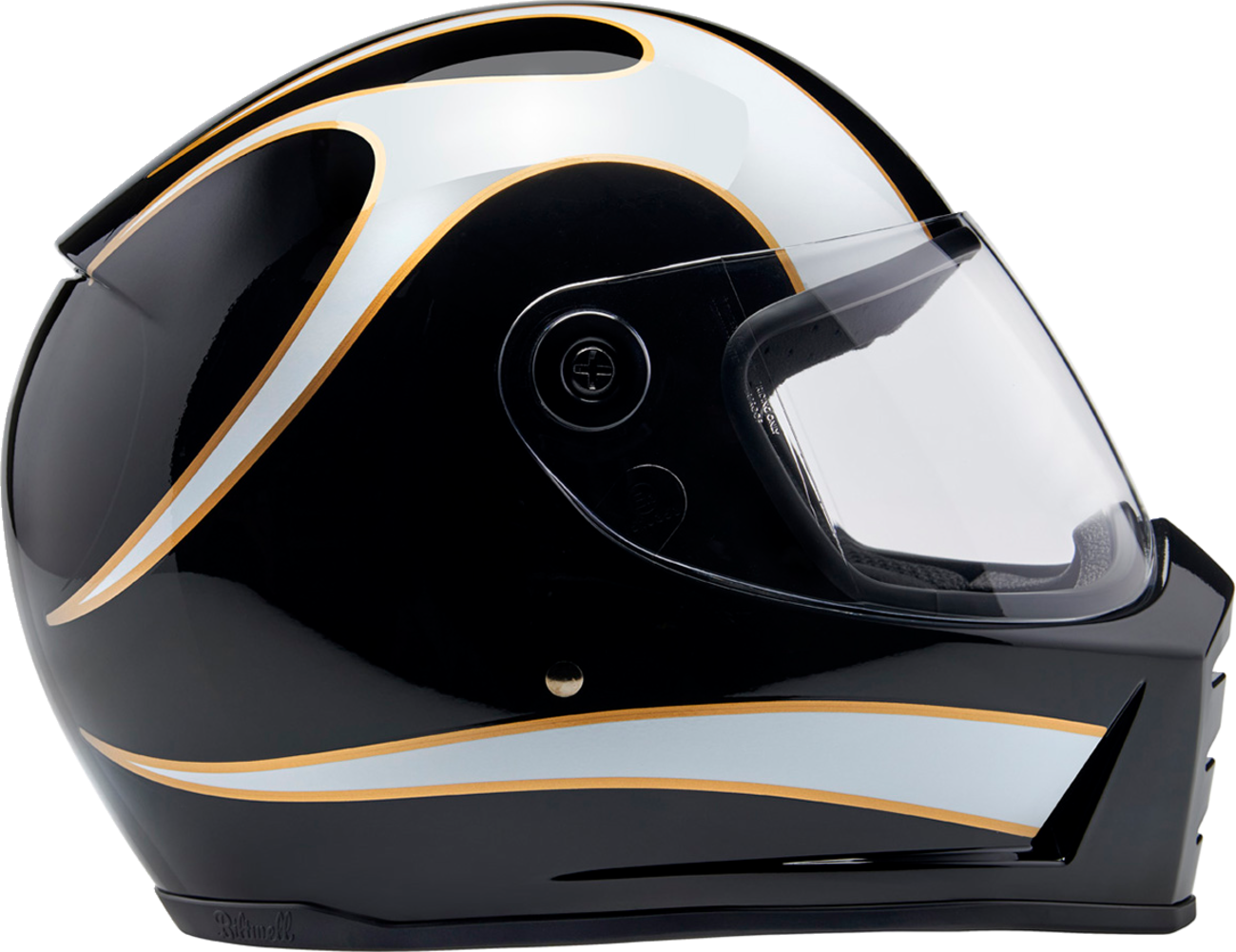 Bill's Exhausts BILTWELL Lane Splitter helmet in gloss black with white flame design, size 2XL, shown from the front.