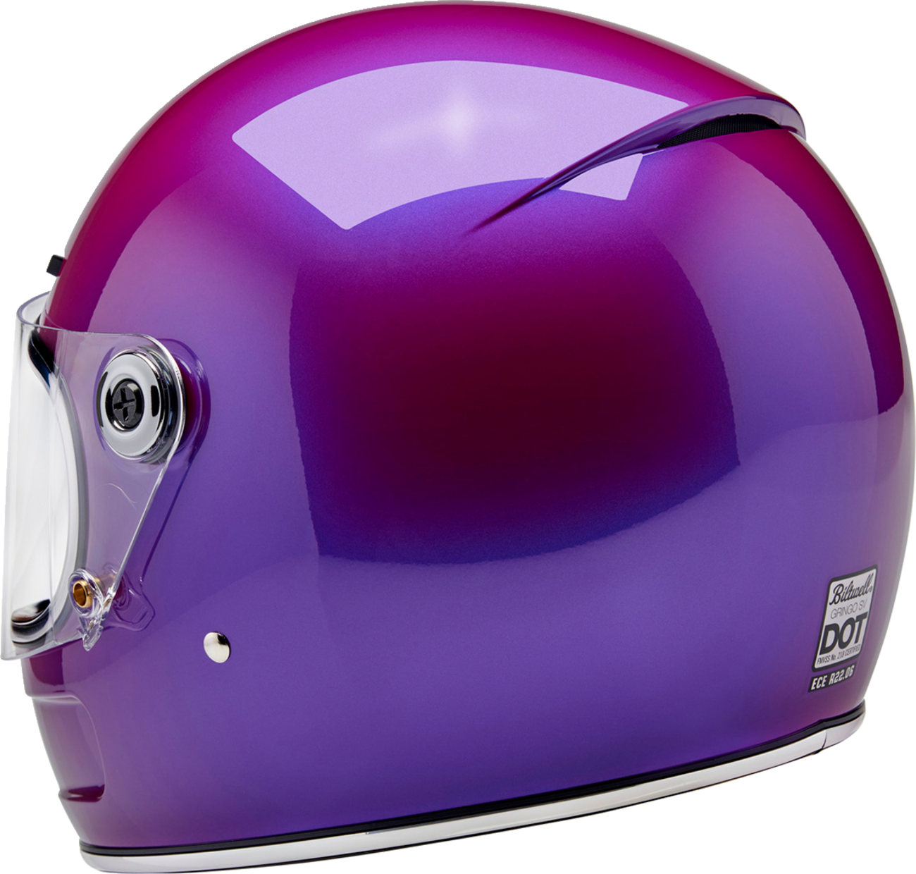 BILTWELL Gringo SV helmet in metallic grape color, XS size, with a glossy finish and aerodynamic design, shown from the side.