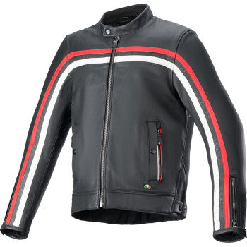 Black, ruby red, and ecru ALPINESTARS Dyno leather motorcycle jacket in XL with protective armor visible.