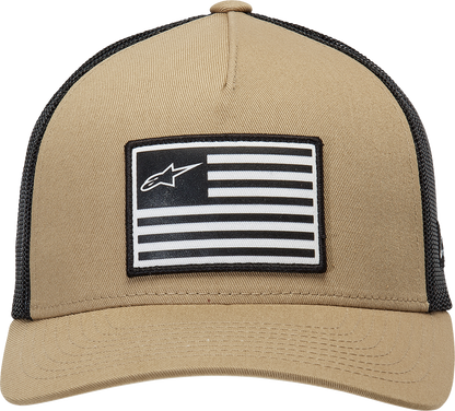 Alpinestars flag snapback hat in sand and black with adjustable fit, featuring the Alpinestars logo on the front.