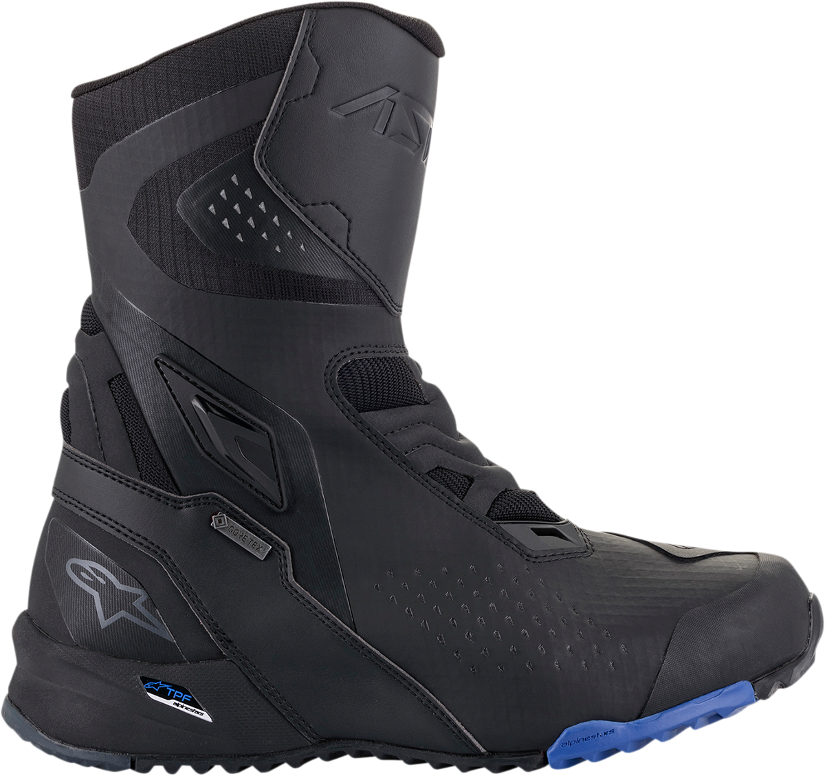 Alpinestars RT-8 Gore-Tex motorcycle boots in black and blue, US size 12.5, EU 48, showing the boot's detailed design and waterproof material.
