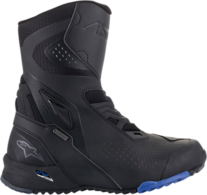 Alpinestars RT-8 Gore-Tex motorcycle boots in black and blue, US size 12.5, EU 48, showing the boot's detailed design and waterproof material.