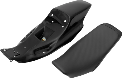 Carbon fiber SADDLEMEN Eliminator Seat Kit for XL motorcycles, designed for 2004-2020 models, featuring sleek, contoured seat with stitching.