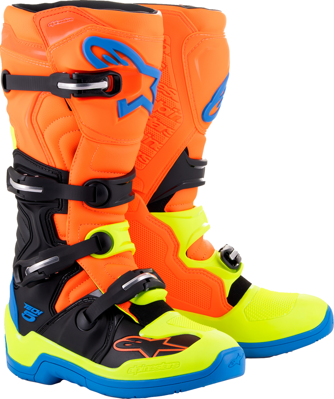 Alpinestars Tech 5 motorcycle boots in orange fluorescent, blue, and yellow fluorescent with protective design for riding.