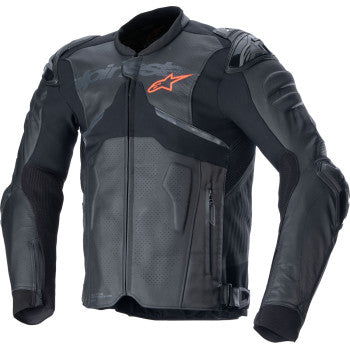 Black Alpinestars Atem v5 leather motorcycle jacket in US 40 / EU 50, featuring a sleek design and durable construction.