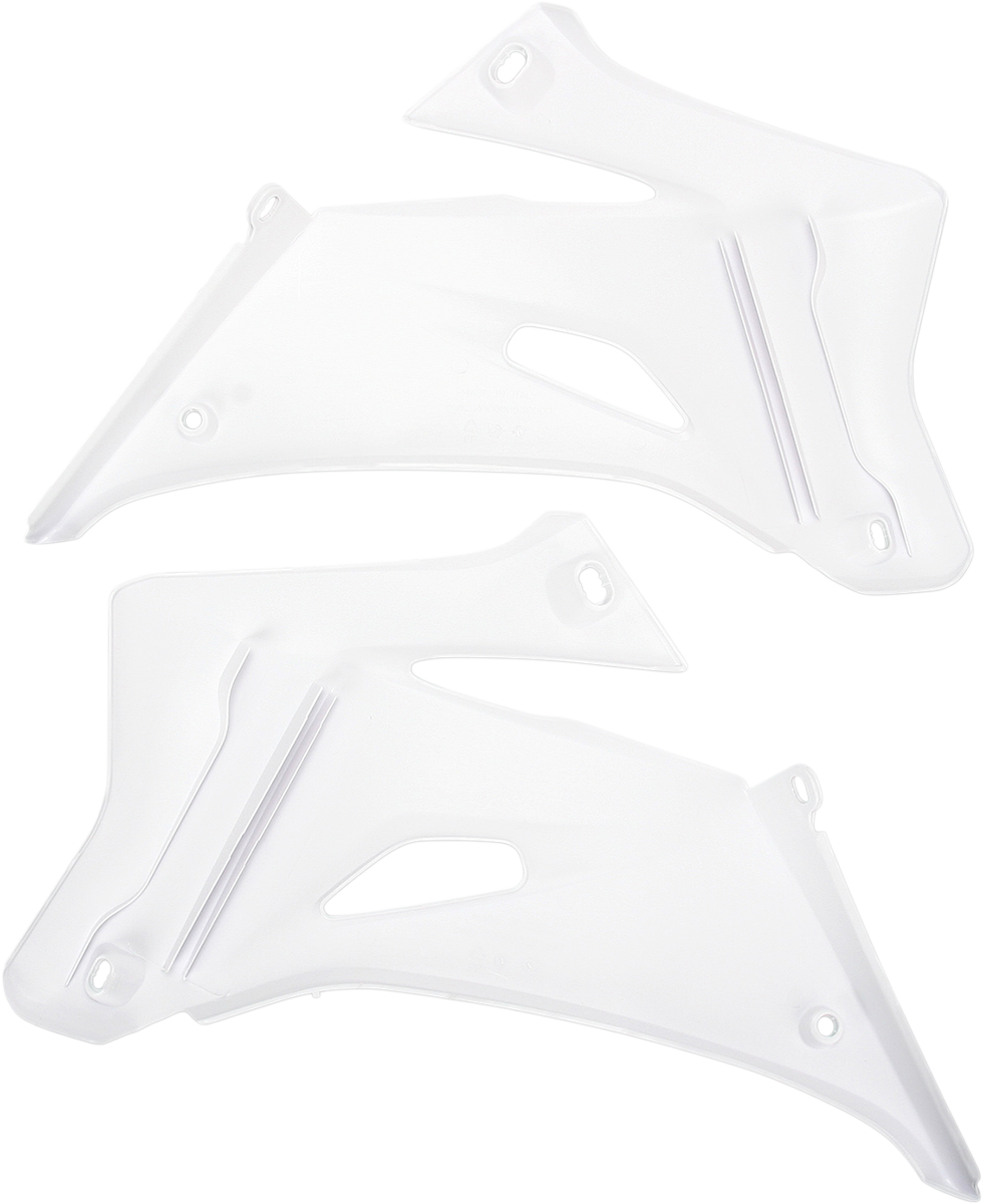 White ACERBIS radiator shrouds for motorcycle body, with a sleek design and brand-specific detailing.
