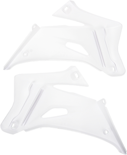 White ACERBIS radiator shrouds for motorcycle body, with a sleek design and brand-specific detailing.