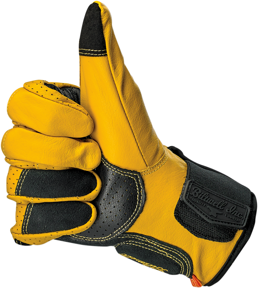 BILTWELL Borrego Gloves in gold and black, small size, showing the stylish leather gloves with detailed stitching and branding.