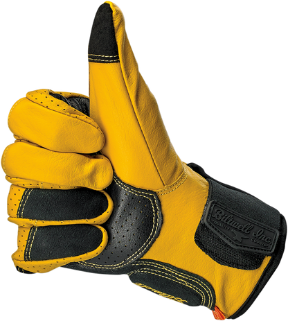 Bill's Exhausts BILTWELL Borrego Gloves in gold and black, 2XL, showing the stylish leather gloves with reinforced knuckles and adjustable straps.