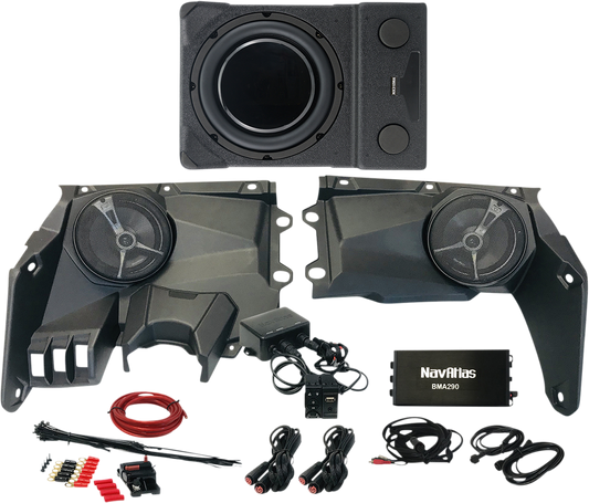 Bill's Exhausts NAVATLAS Audio Kit Zone 3 X3 X36ZONE3 speakers, compact car audio system with sleek black design.