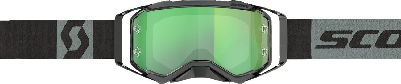 Scott Prospect goggles in black and gray with green chrome accents, designed for motorcycle or racing use.