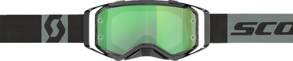 Scott Prospect goggles in black and gray with green chrome accents, designed for motorcycle or racing use.