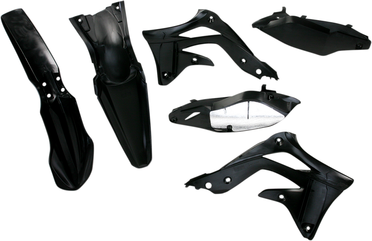 A black Acerbis standard replacement body kit for motorcycles, shown on a clean background with panels and parts laid out.