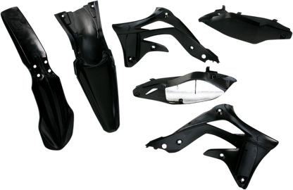 A black Acerbis standard replacement body kit for motorcycles, shown on a clean background with panels and parts laid out.