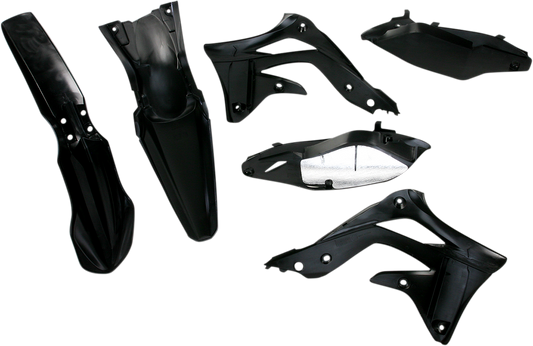 A black Acerbis standard replacement body kit for motorcycles, shown on a clean background with panels and parts laid out.