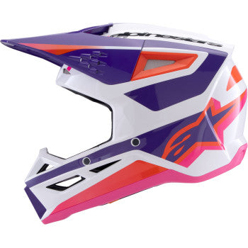 Alpinestars SM3 motorcycle helmet in gloss white, purple, and pink with medium size, featuring aerodynamic design and ventilation.