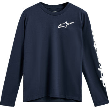 Navy Bill's Exhausts Trackside Long-Sleeve CSF T-Shirt in 2XL with AlpineStars branding, shown on a mannequin.