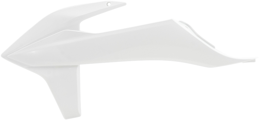 Acerbis OEM white radiator shroud for motorcycle, mounted on body with visible mounting points and branding details.
