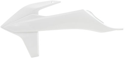 Acerbis OEM white radiator shroud for motorcycle, mounted on body with visible mounting points and branding details.