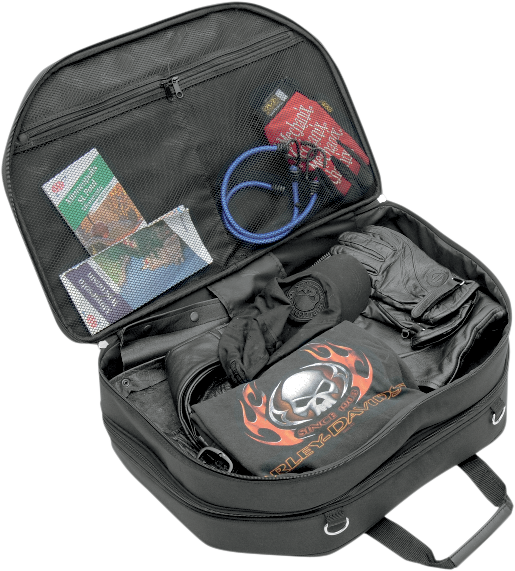 Bill's Exhausts SADDLEMEN Tour-Pak luggage bag seat for motorcycles, shown mounted on a touring bike with secure straps